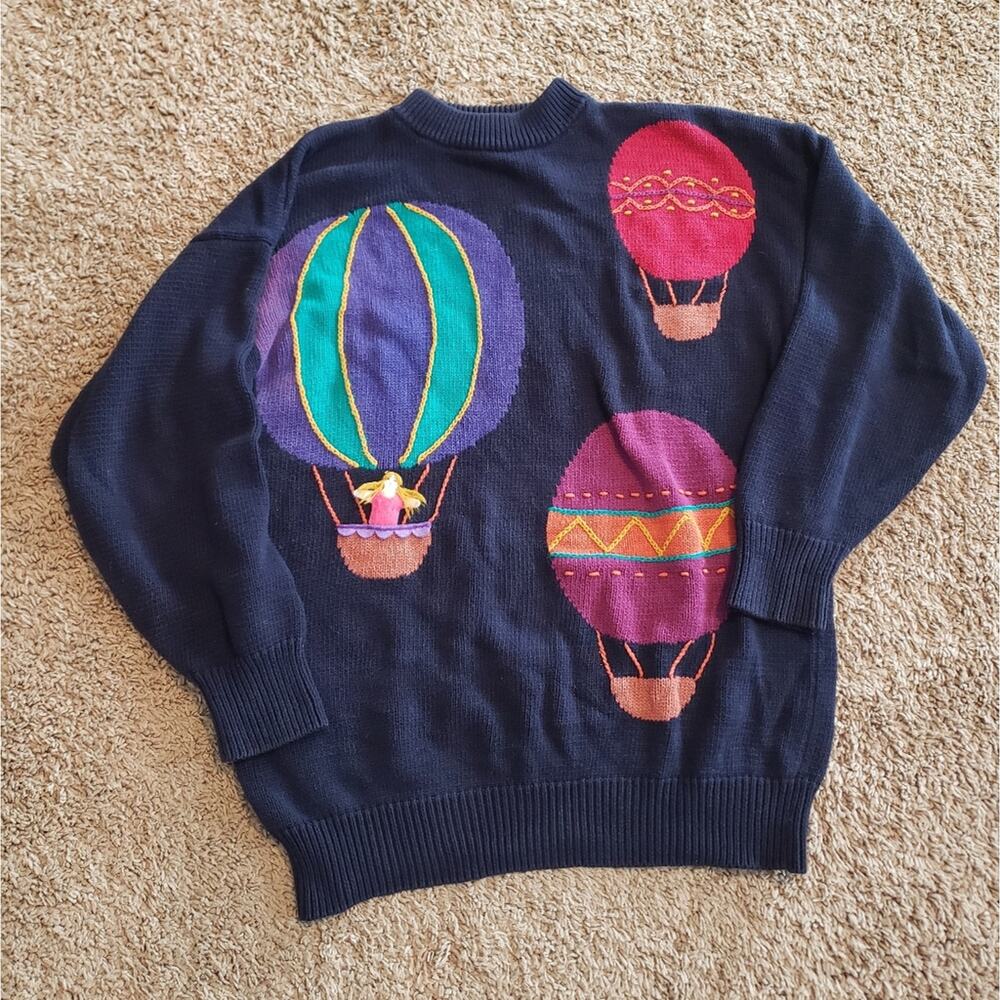 Tulchan 100% cotton vintage hot air balloon knit sweater black multi color L